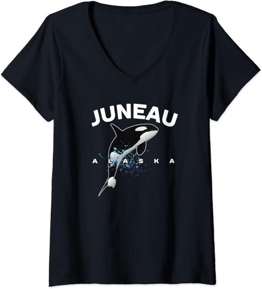 Womens JUNEAU ALASKA Orca Killer Whale Watching Camping Vacation V-Neck T-Shirt